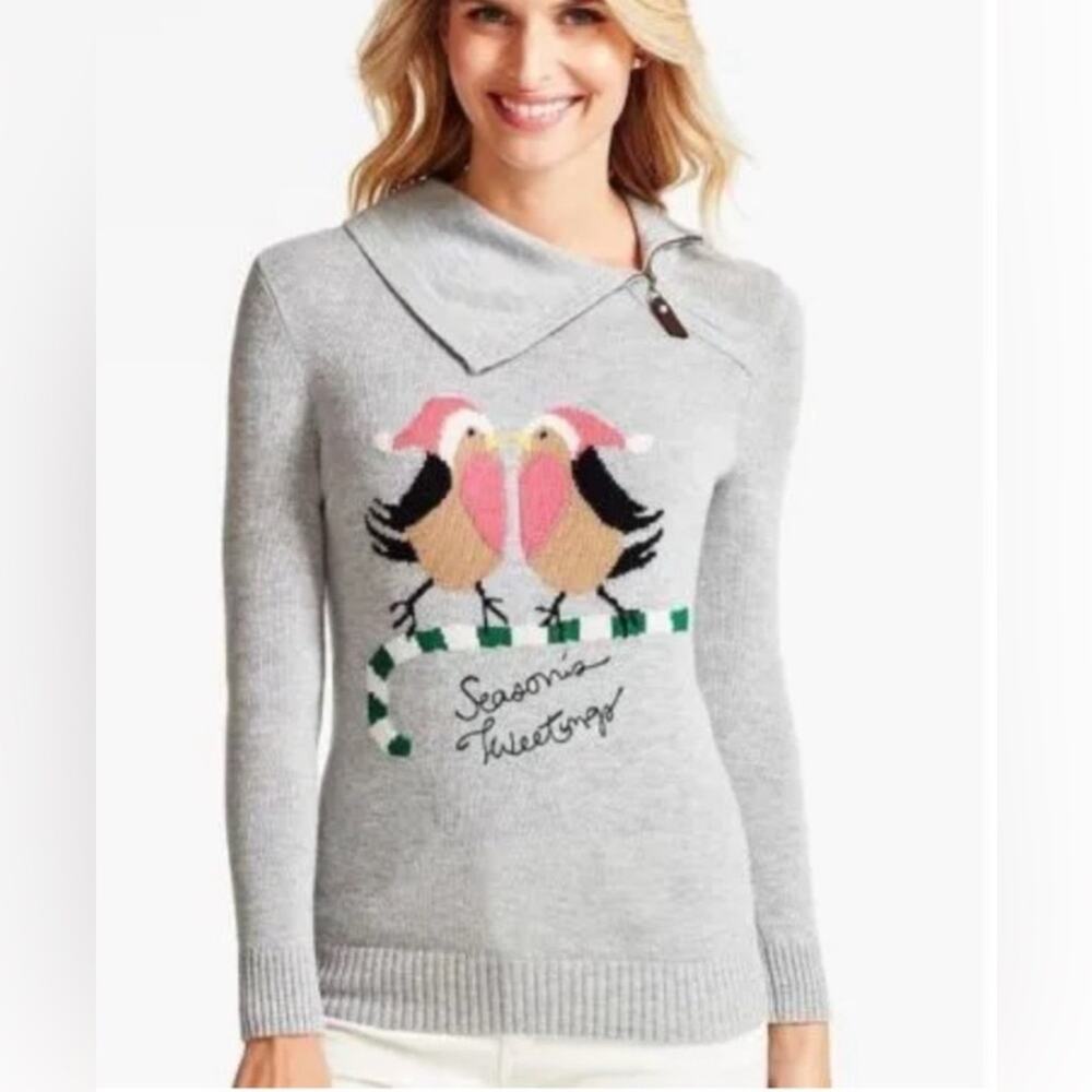 TALBOTS Wool Blend  Women's Sz L Christmas Gray Bird Seasons Tweetings Sweater
